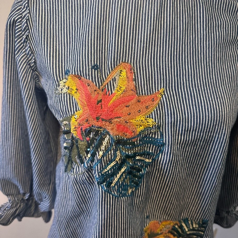 Zara Embroidered Denim Striped Balloon Sleeve Top Size Small - Picture 2 of 6